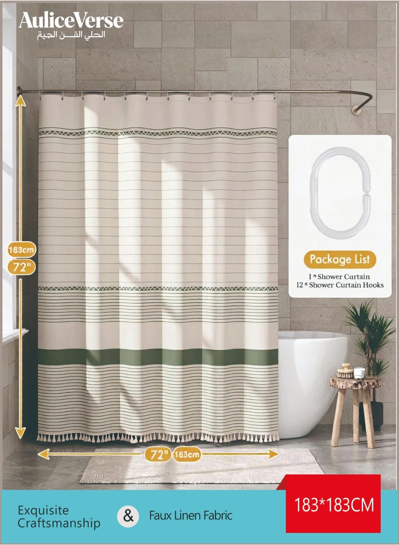 AuliceVerse Ramadan Home Refresh Essential – Green Imitation Linen Tassel Shower Curtain, Solid Color & Waterproof for a Simple, Fresh Bathroom - Image 1